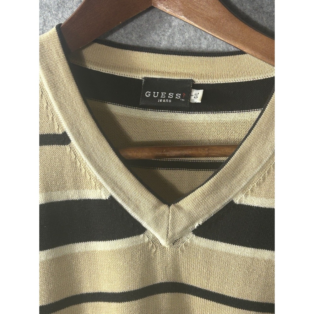 Vintage Y2K Guess V Neck Knit T Shirt XL USA Beige Navy Stripes 90s Mallcore - Picture 2 of 6